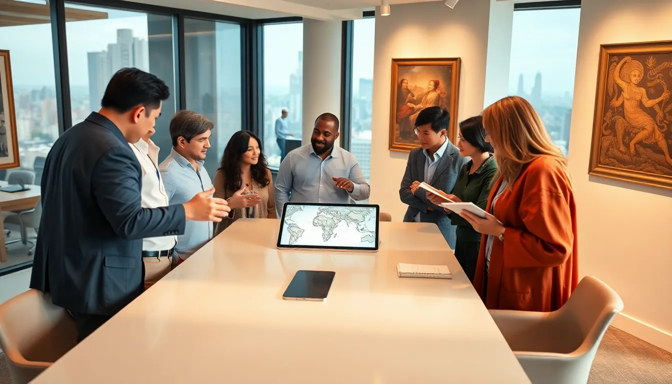 diverse scholars discussing history in a modern office setting.